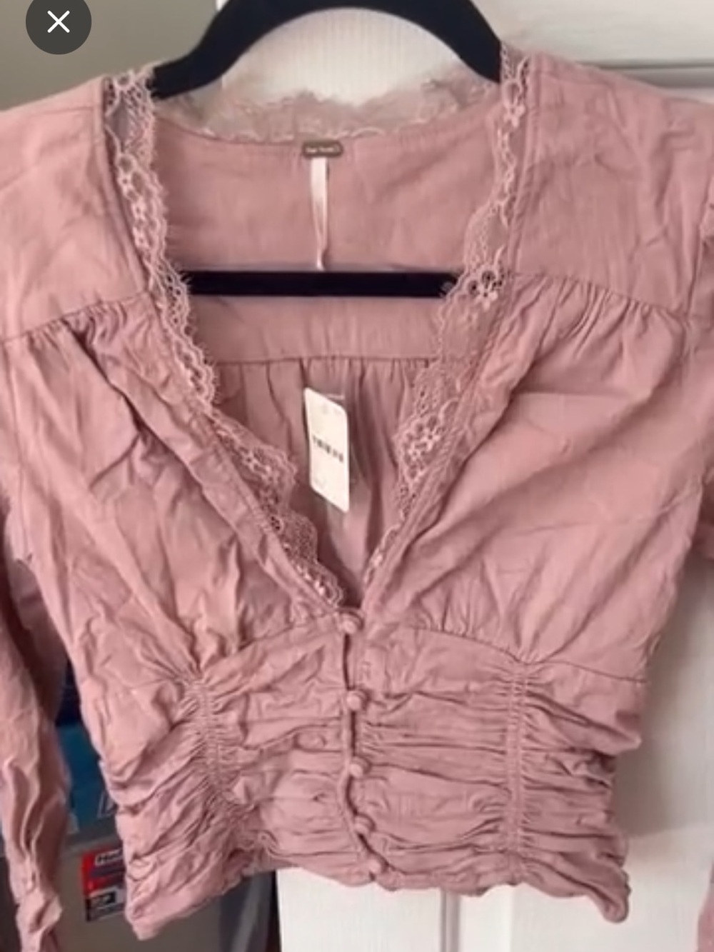 Free People Dusty Rose Lace-Trim Cinched Front Top